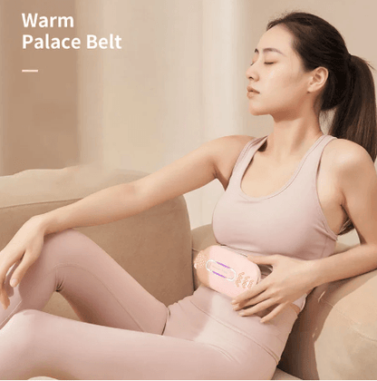 Heating Belt for Menstrual Cramps Relief Gift worn by woman relaxing on a couch, providing comfort during menstrual cycle.