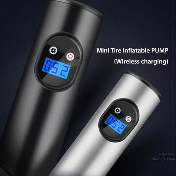 Mini digital tire air pump with digital display and wireless charging feature for quick inflation.