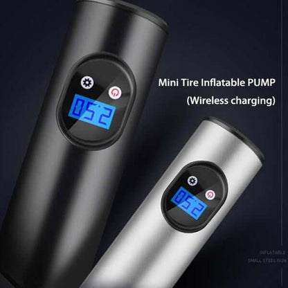 Mini digital tire air pump with digital display and wireless charging feature for quick inflation.