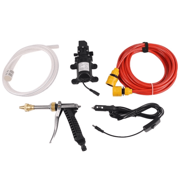 High-pressure car wash spray gun components including hose, nozzle, pump, and wiring.