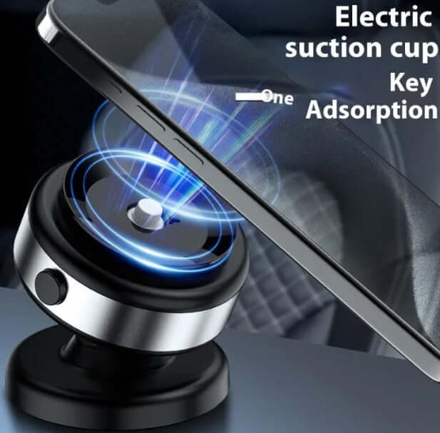 Magnetic car phone holder featuring electric suction cup and key adsorption for secure device grip.