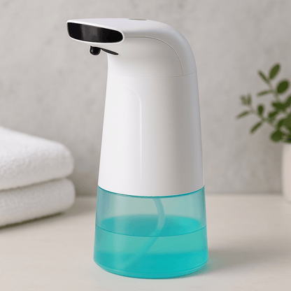 Automatic touchless foam soap dispenser with a sleek design and blue liquid, ideal for hands-free use.