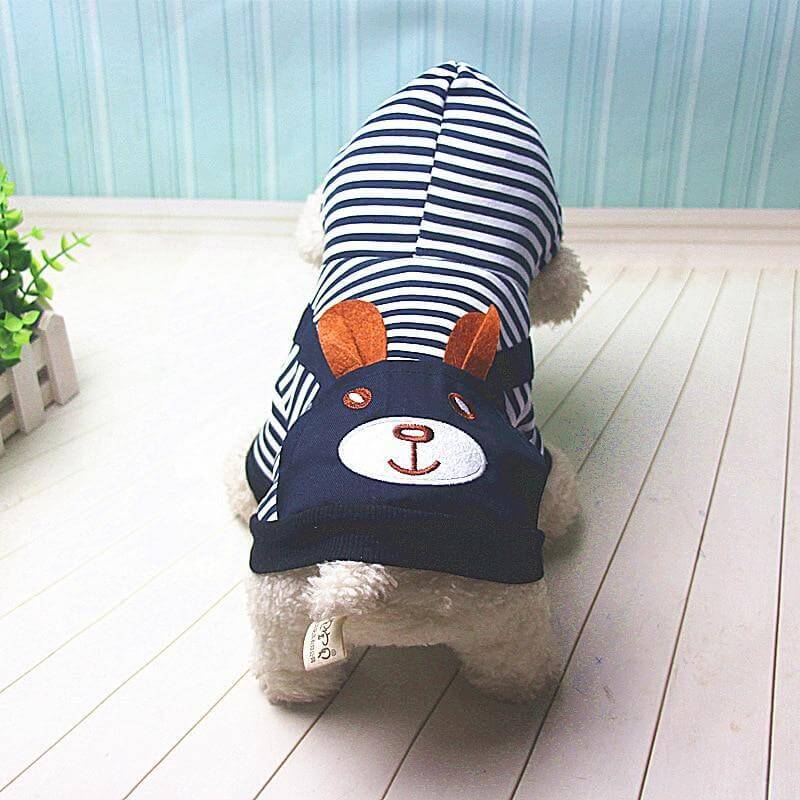 Striped Dog Hoodie Winter Outfit on a fluffy dog, featuring a cute bunny design and cozy fabric, perfect for chilly days.