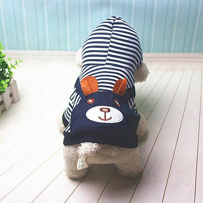 Striped Dog Hoodie Winter Outfit on a fluffy dog, featuring a cute bunny design and cozy fabric, perfect for chilly days.