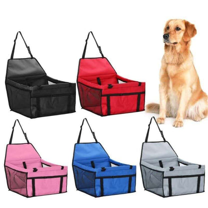 Dog travel car seat carrier options in black, red, pink, blue, and gray with a dog next to them.