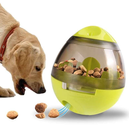 Interactive pet treat ball with treats dispensing as a dog plays with it, promoting activity and engagement.