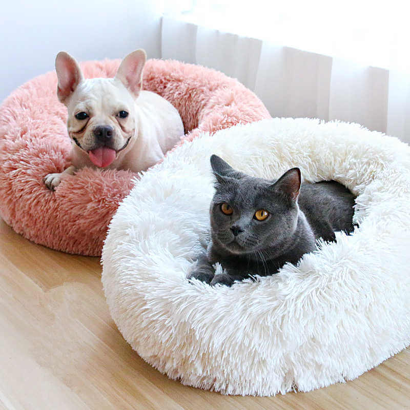 Calming donut bed for pets with a French Bulldog and a cat relaxing comfortably.