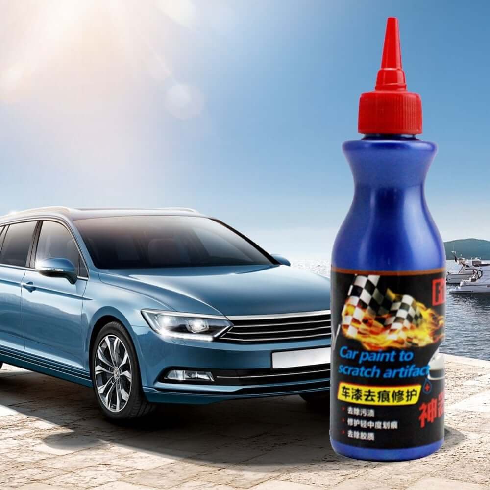 Car scratch remover pen bottle next to a blue car, designed for erasing light scratches and restoring paint.