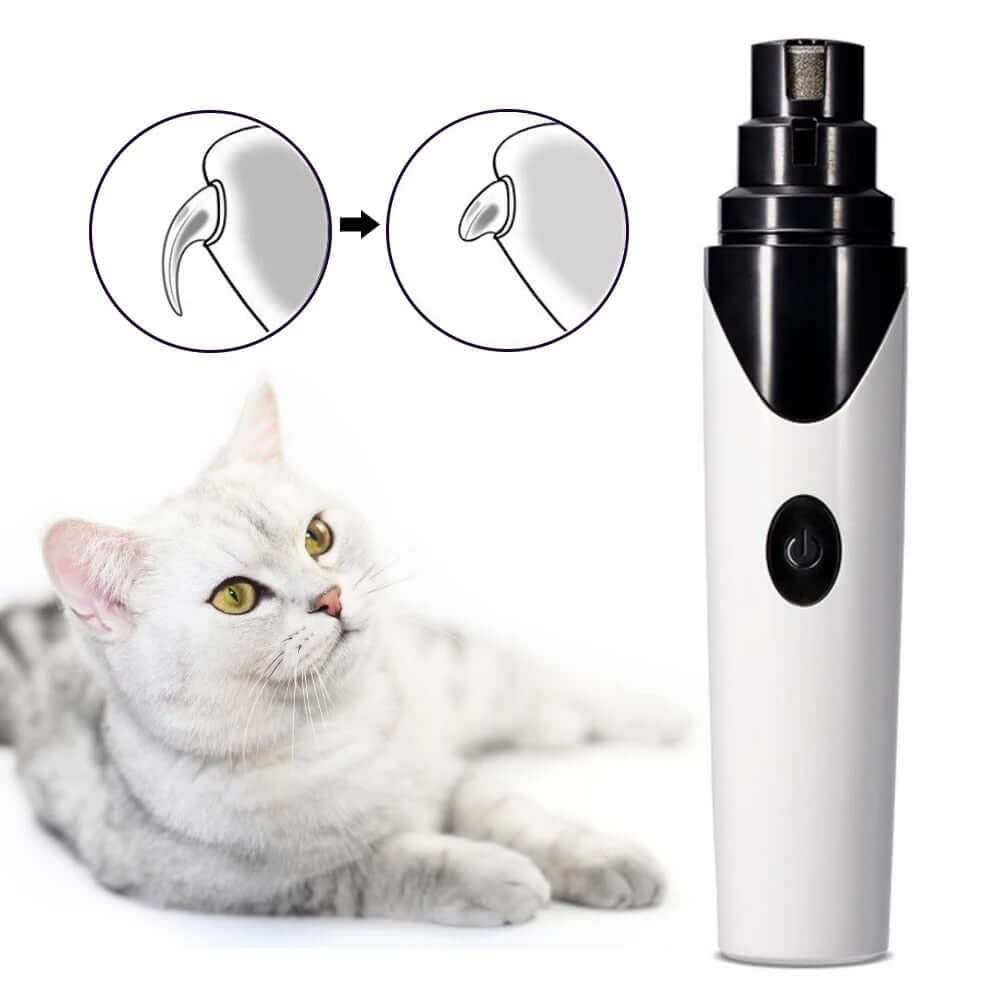 Rechargeable pet nail clipper next to a relaxed cat, showcasing its safe and gentle design for pet grooming.