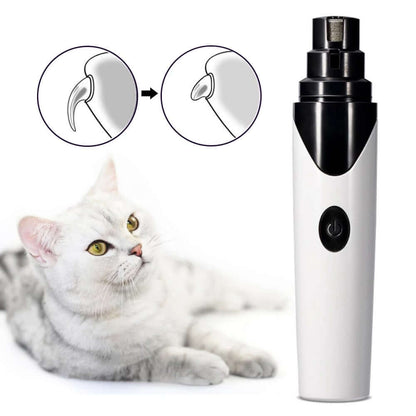 Rechargeable pet nail clipper next to a relaxed cat, showcasing its safe and gentle design for pet grooming.