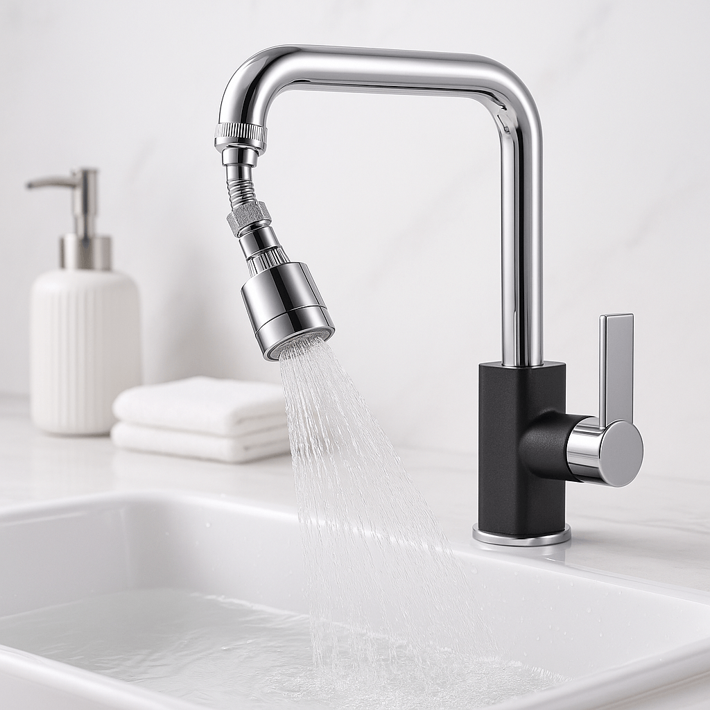 Universal faucet splash guard filter with a 360° rotating design in a modern kitchen sink.
