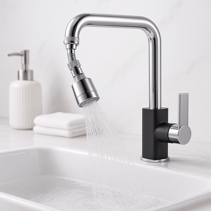 Universal faucet splash guard filter with a 360° rotating design in a modern kitchen sink.