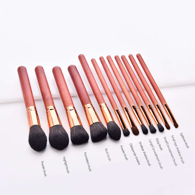12-Piece Makeup Brush Set with Powder Brush and Wood Brushes showcasing various brush types on display.
