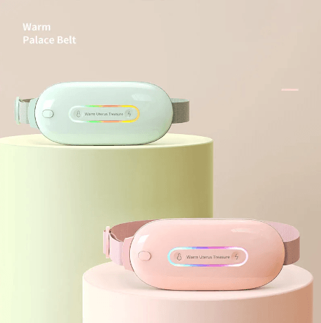 Heating Belt for Menstrual Cramps Relief Gift in pink and green colors on stylish display.