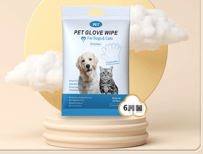 Pet Cleaning Gloves & Wipes package displaying hygiene products for dogs and cats, featuring a dog and cat illustration.