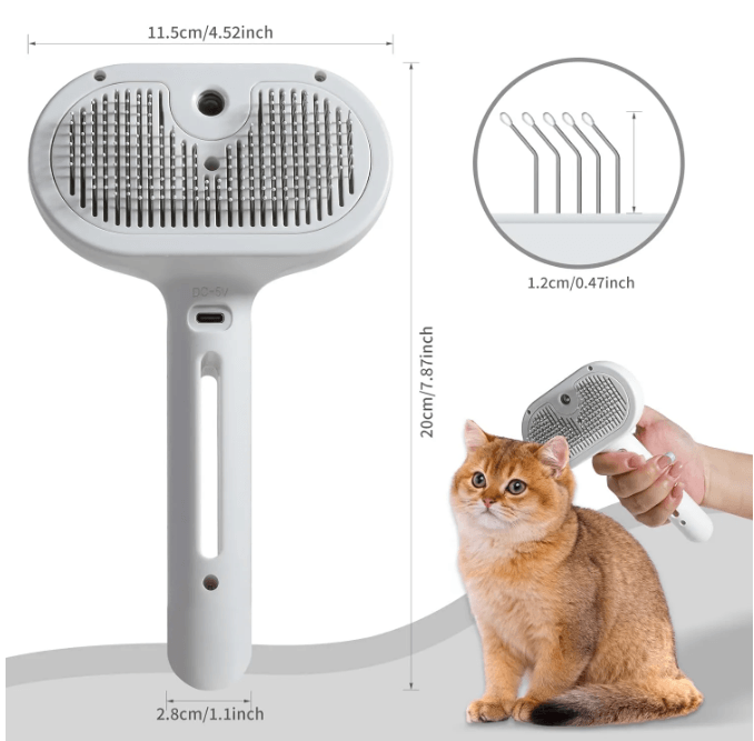 Pet Hair Spray Brush with built-in water tank and release button for easy pet grooming.