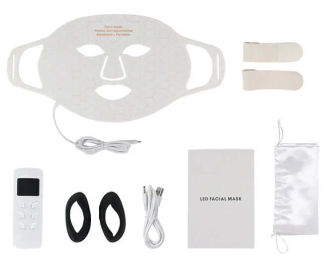 Photon Rejuvenation Beauty Mask with remote, cables, and user manual for LED light therapy skincare.