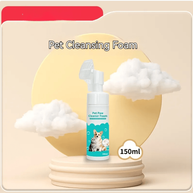 Pet Cleaning Gloves & Wipes - Pet Paw Cleaner Foam in 150ml packaging with a playful design for pet hygiene.