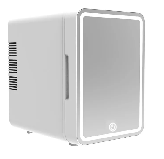 Mini Beauty Fridge with Light for skincare and makeup storage, features a built-in light for easy access.
