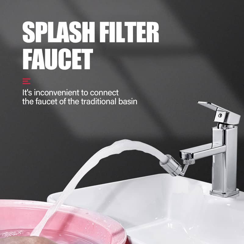Universal faucet splash guard filter shown in use with a pink basin, illustrating splash reduction.