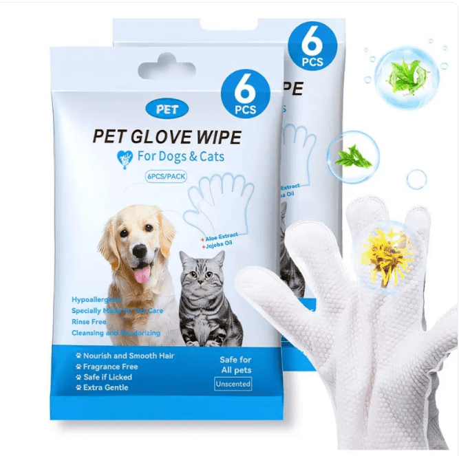Pet Cleaning Gloves & Wipes pack with dog and cat, featuring 6 hypoallergenic glove wipes for pet hygiene.