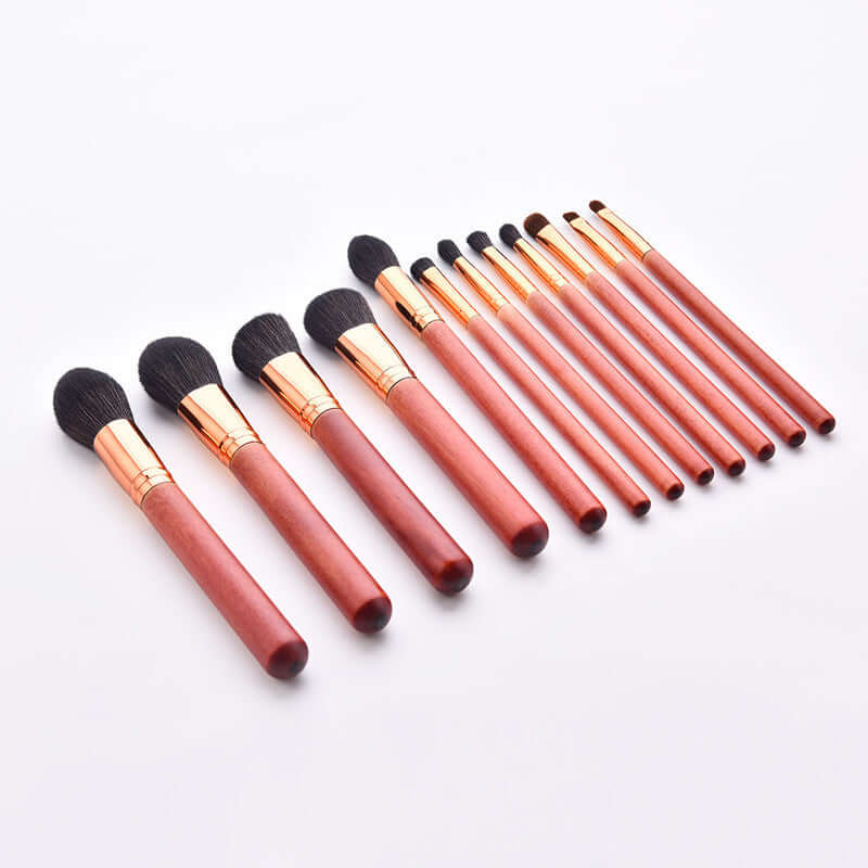 12-Piece Makeup Brush Set with Powder Brush and Wood Brushes displayed against a white background.
