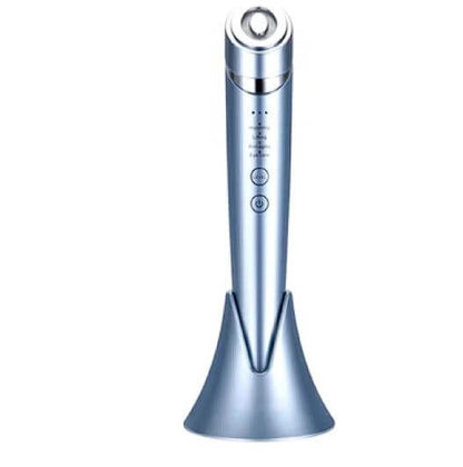Pulse RF Beauty Device in mist blue color, battery powered, designed for home use with adjustable settings.