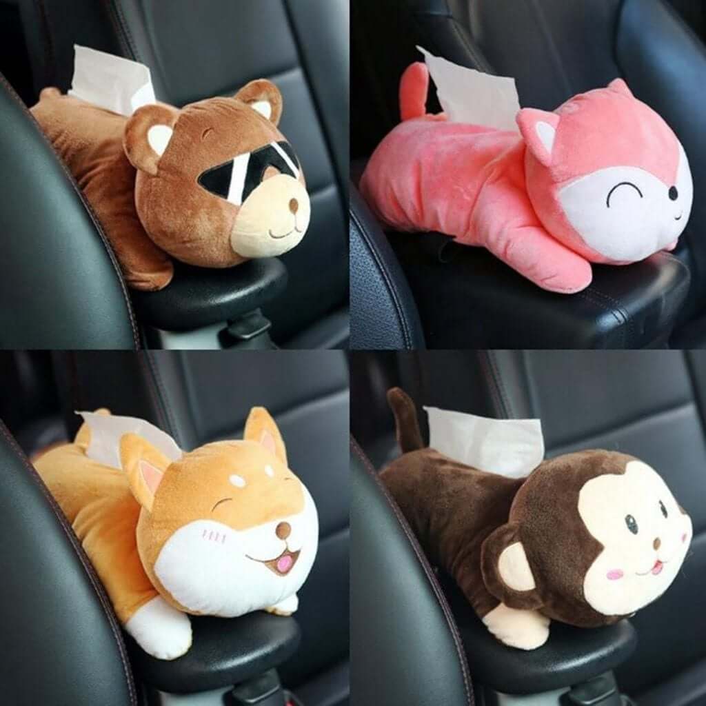 Cute plush hanging monkey tissue holder and other animal designs for car or home use.