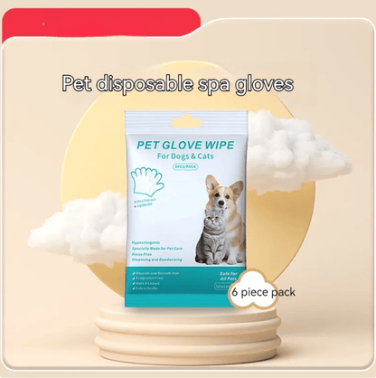 Pet Cleaning Gloves & Wipes - Disposable spa gloves for pets in 6 piece pack, ideal for cleaning and deodorizing dogs and cats.
