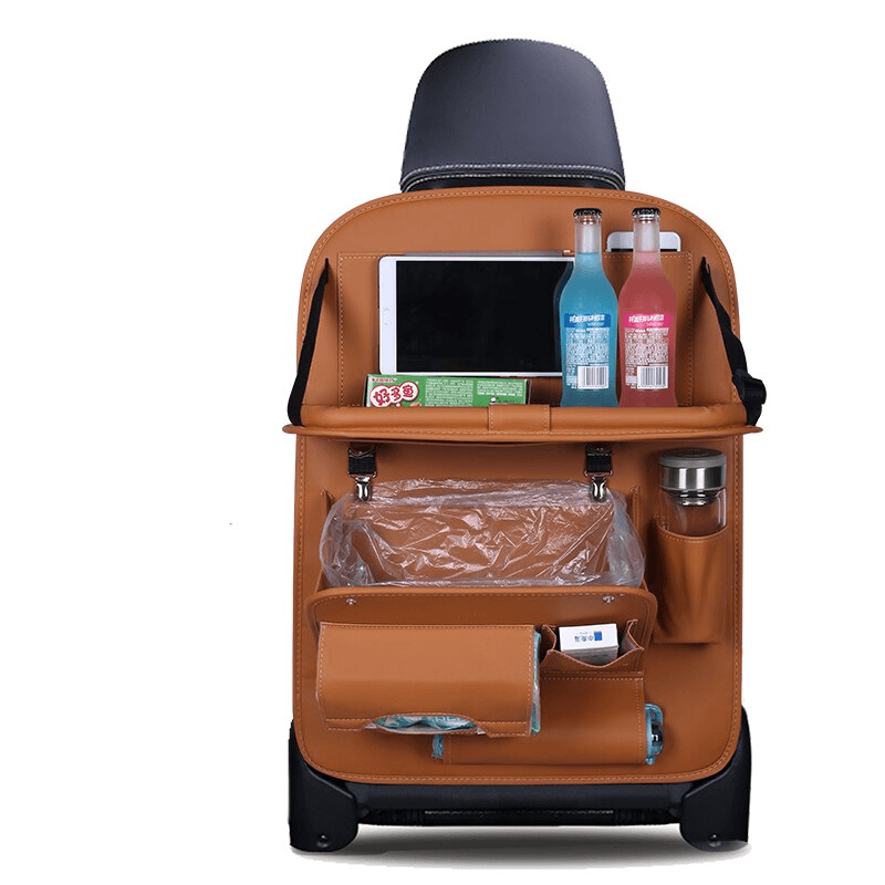 Leather car seat organizer with tray, showcasing compartments for drinks, tablet, and accessories to keep your car neat.