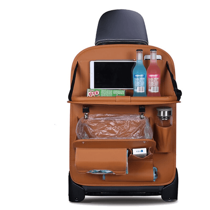 Leather car seat organizer with tray, showcasing compartments for drinks, tablet, and accessories to keep your car neat.