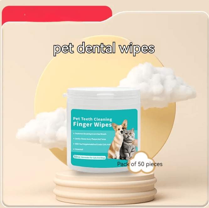 Pet Cleaning Gloves & Wipes - Pack of 50 pieces for safe pet dental hygiene, featuring finger wipes for fresh breath.